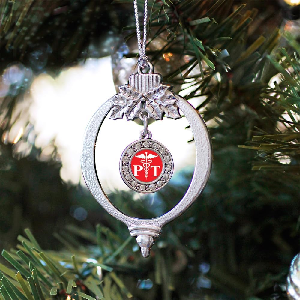 Silver Christmas Ornament - Physical Therapist Circle Charm with Cubic Zirconia - Holiday Decoration