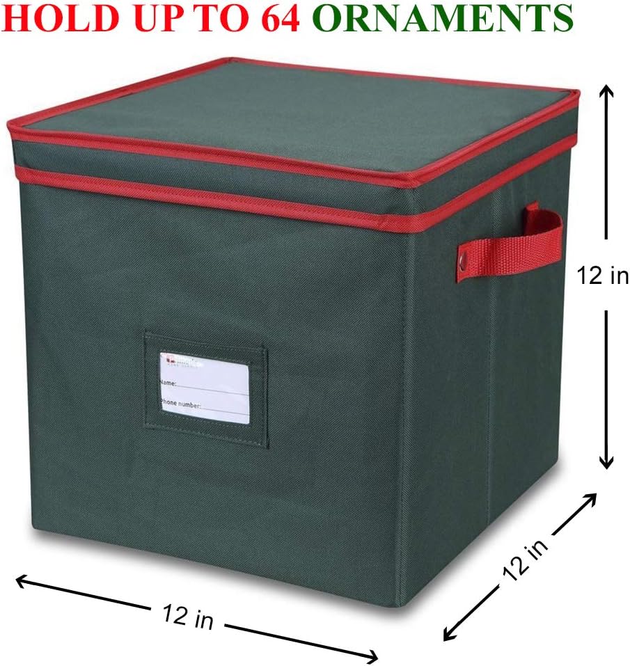 Christmas Ornament Storage Box - Holds 64 Ornaments, 4 Trays & Dividers, Durable 600D Oxford - Holiday Decoration Organizer (Green)