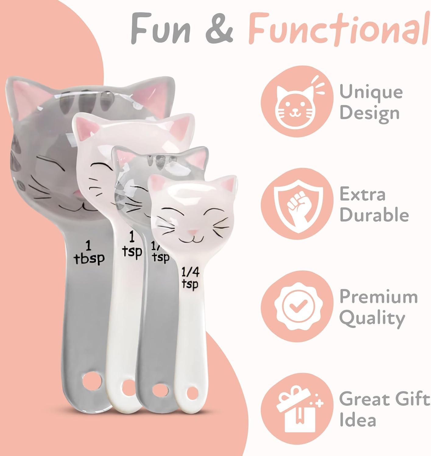 Cat Shaped Ceramic Measuring Spoons Set of 4 - Perfect Gift for Cat Lovers - Functional Kitchen Decor in White & Gray