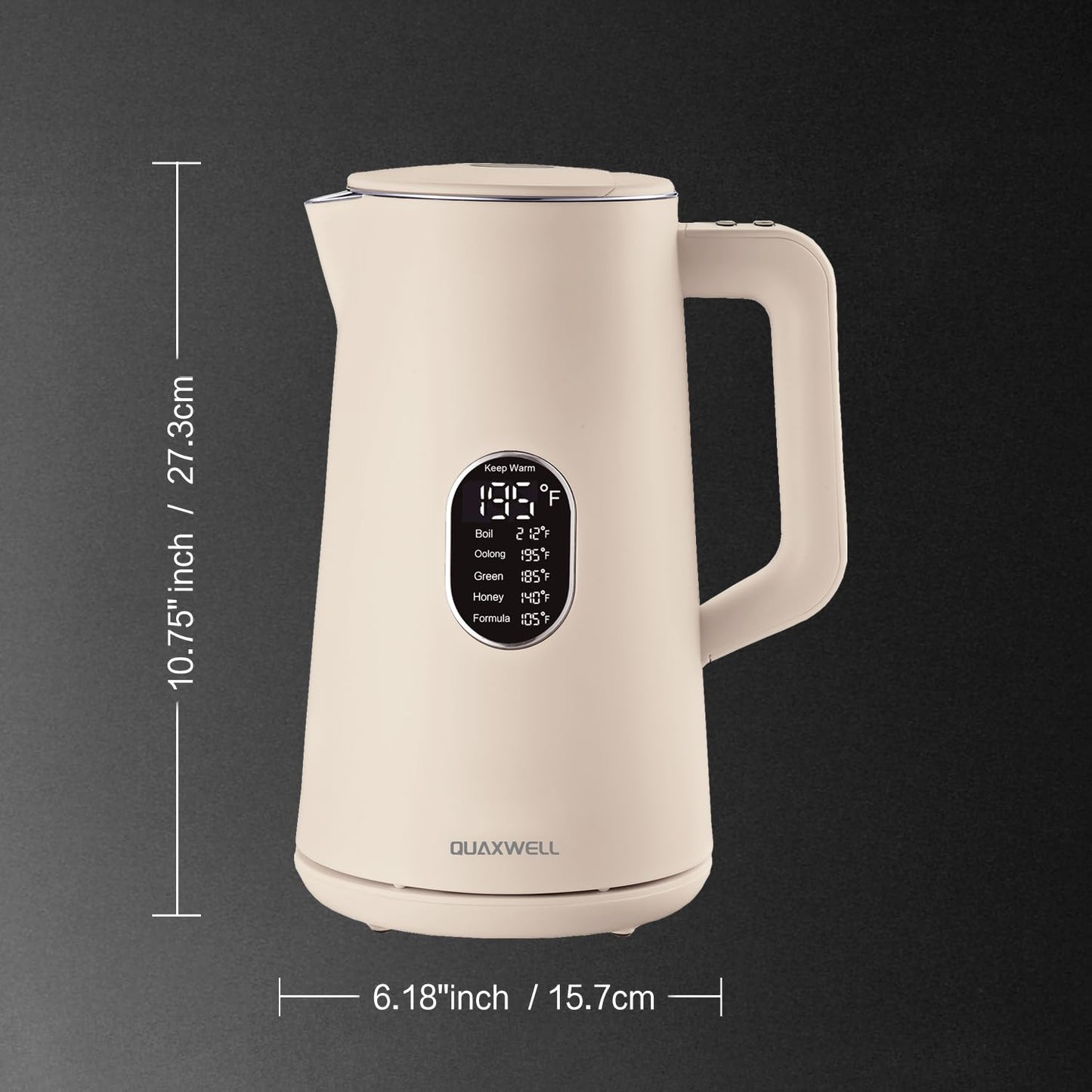 QUAXWELL 1.5L Electric Kettle Stainless Steel, Double Wall Cool Touch Teapot, Fast Boil,5 Temperature Control, LED Display, Auto Shut-Off,Keep Warm Function,Cream White