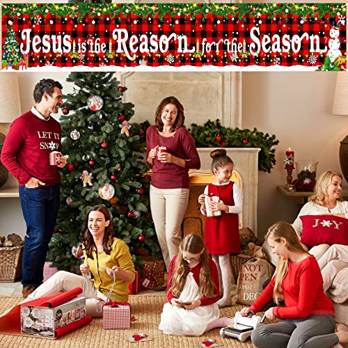 Large Jesus is The Reason for The Season Decorations Banner Holy Nativity Christmas Yard Banner Red Buffalo Plaid Religious Hanging Banner Backdrop for Xmas Winter Holiday Party Indoor Outdoor Decor