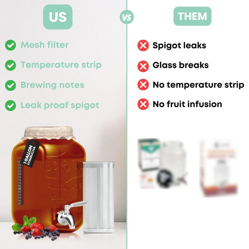 1 Gallon Kombucha Jar Starter Kit with Spigot, Continuous Kombucha Brewing Jar Kit, Glass Kombucha Starter Kit with Stainless Steel Mesh Filter (1GKJ)
