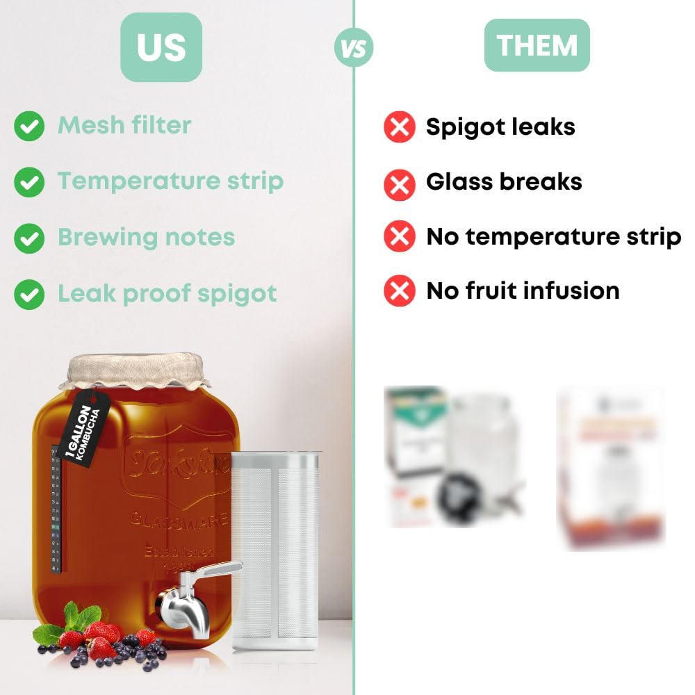 1 Gallon Kombucha Jar Starter Kit with Spigot, Continuous Kombucha Brewing Jar Kit, Glass Kombucha Starter Kit with Stainless Steel Mesh Filter (1GKJ)