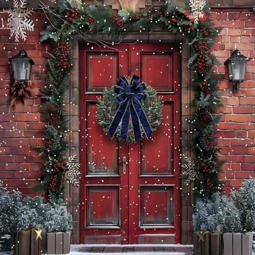 YKW Large Navy Blue Velvet Christmas Bow 20.87" x 11.42" with Silver Edge - Premium Winter Holiday Wreath Bow for Front Door, Tree Topper, Elegant Xmas Decorations