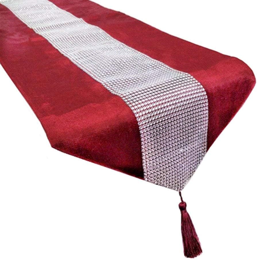 Red 13x72 Inch Table Runner with Diamante Strip & Tassels - Elegant Home Decor