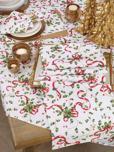 Multi Color Holiday Collection Christmas Tablecloth 60x160 Inches Holly Ribbon Design