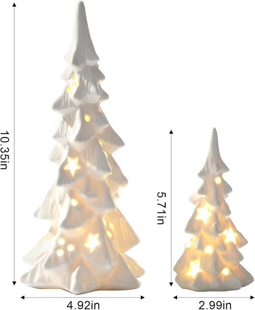 DN DECONATION White Ceramic Christmas Trees - 2Pcs Prelit Tabletop Decor with Stars & Dots Cutouts