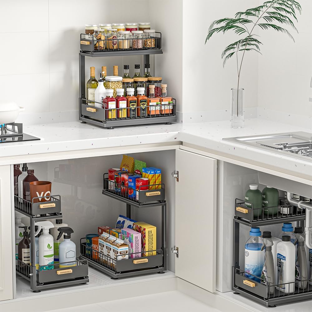 Skiennix Under Sink Organizer - 2 Tier Pull-Out Metal Shelf for Kitchen & Bathroom Storage | Black