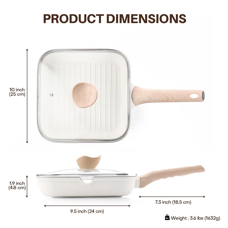 Kordisen Nonstick Grilling Pan with Lid for Stove Tops, 9.5 Inch Square Grill Pan for Indoor Cooking, Healthy Coating Grill Skillet with Pour Spouts, Versatile Griddle, Induction Steak Pan, White