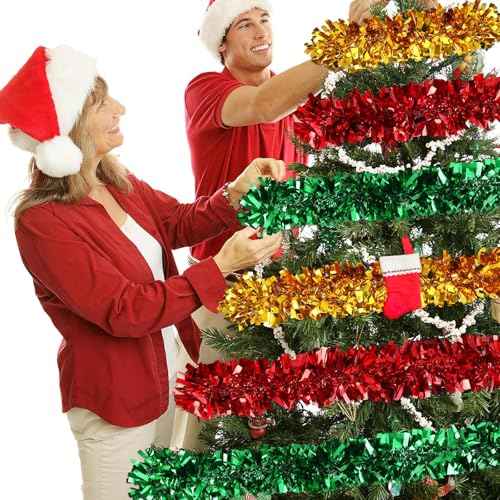 MARFOREVER Xmas Tinsel Garland Decor, Christmas Metallic Garlands Red Green Gold Hanging Garland for Merry Christmas Party Wedding Fireplace Stairs Railing Mantel Wreath Ornaments, 3 Pcs 19.7 FT