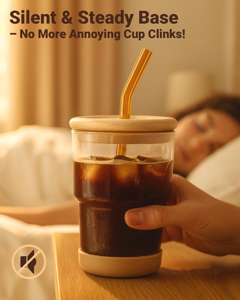 Zukro 13 oz/400ml Glass Cups with Bamboo Lid and Straw, Thick Wall Reusable Glass Tumbler for Iced Coffee, Tea, Matcha, Water Glasses for Home, Office, Non-Slip & BPA Free, Amber & Shrimmer