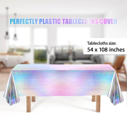 Iridescent Party Decorations,132 Pcs Disposable Iridescent Party Plates Cups Knives Spoons Forks for Party Supplies Birthday Wedding Outdoor Picnic,Disposable Plastic Tablecloths for Home Dinner Decor