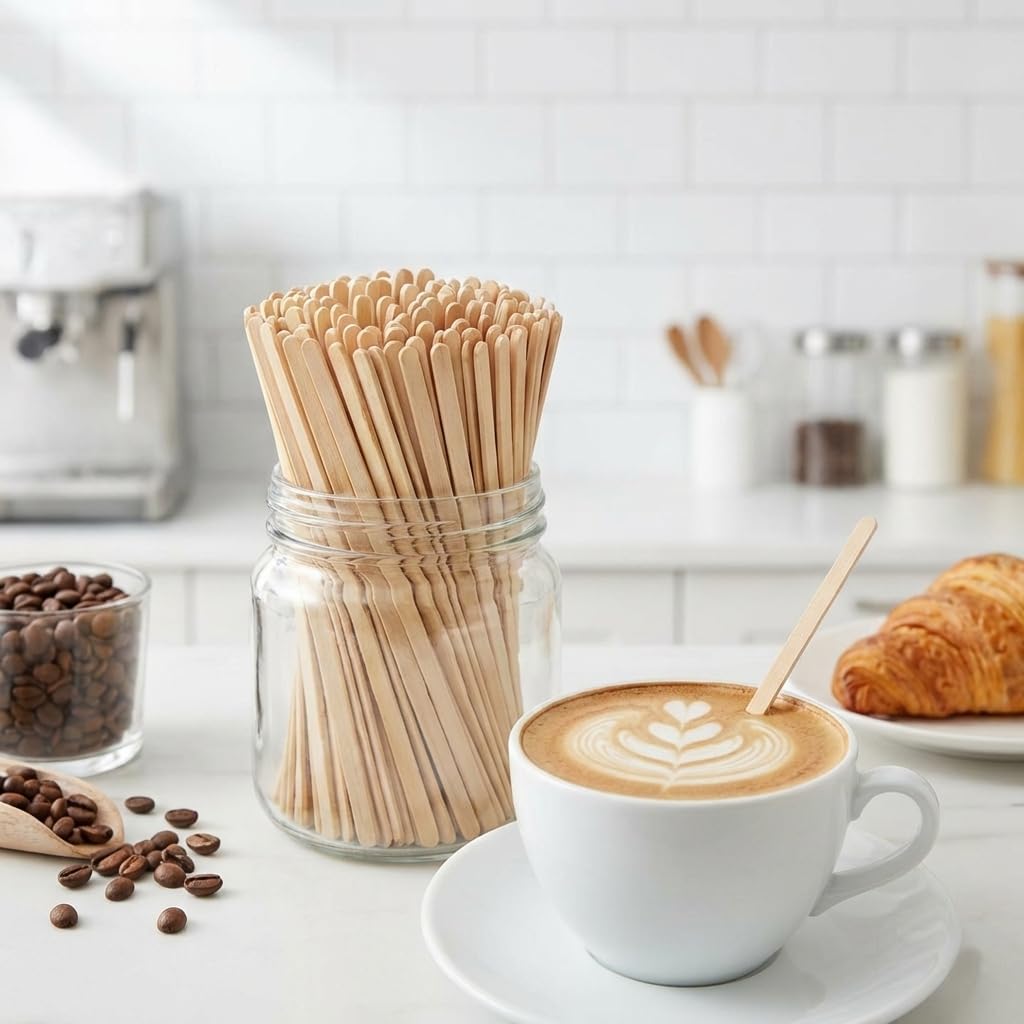 LesNice 5.5 Inch Wooden Coffee Stir Sticks, 200 Count Premium Natural Birch Wood Stirrers for Coffee Bar Accessories, Disposable Beverage Stirrers for Hot/Cold Drinks, Eco-Friendly & Splinter-Free