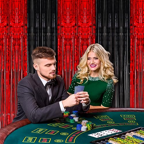 2 Pack 3.3x8.2 Feet Red and Black Foil Fringe Backdrop Curtains, Tinsel Streamers Birthday Party Decorations, Fringe Backdrop for Graduation, Movie Night, Horror Party