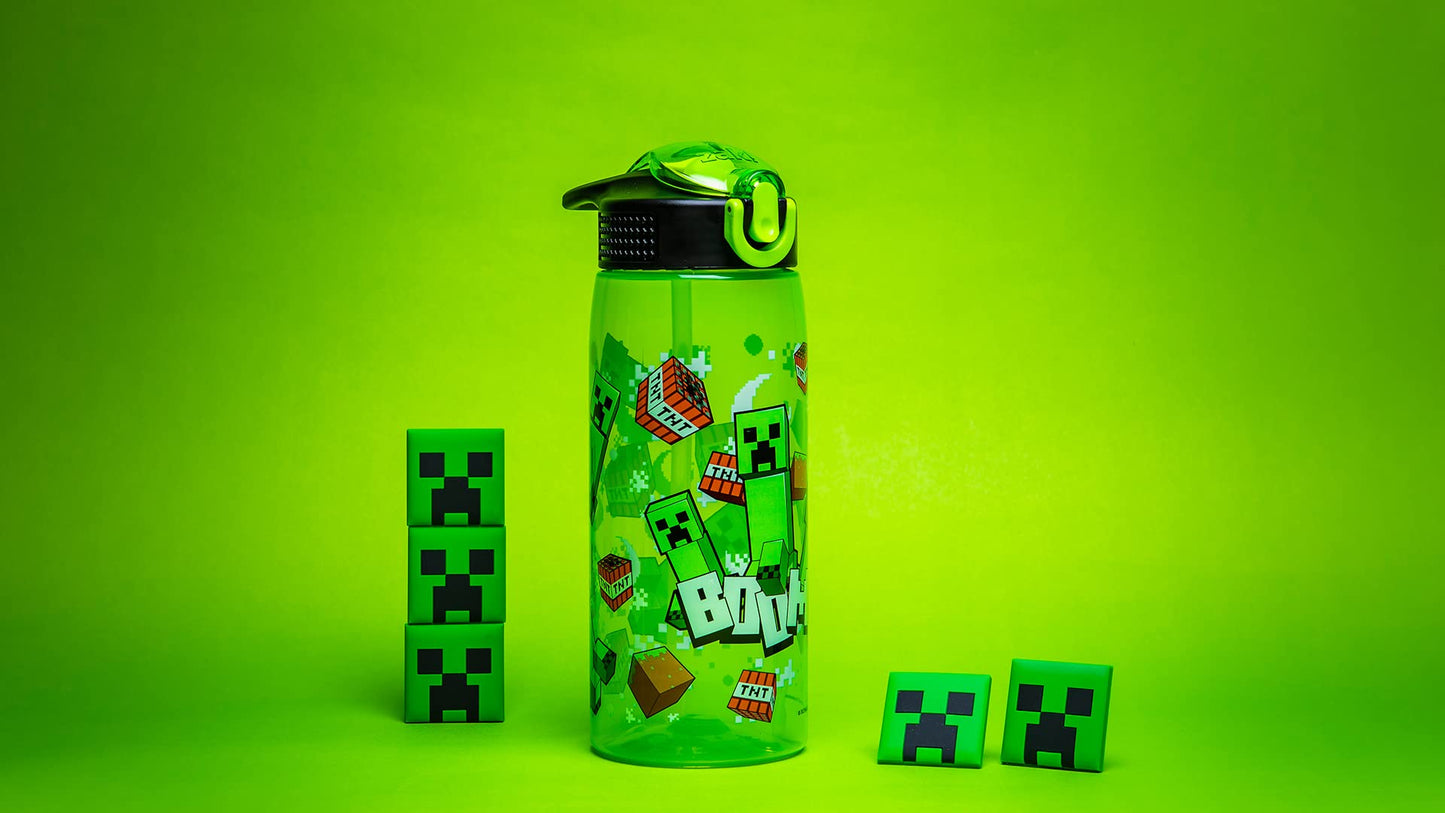 Zak Designs Minecraft Water Bottle For School or Travel, 25 oz Durable Plastic Water Bottle With Straw, Handle, and Leak-Proof, Pop-Up Spout Cover (Creeper)