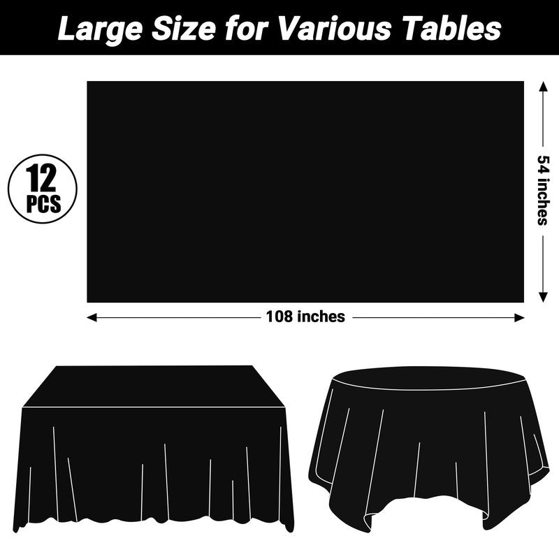 QZYL 12 PCS Table Cloth Rectangle, Black Picnic Table Cover with Bench Covers, 54 X 108 in Disposable Christmas Table Cloth Rectangle Table for Camping Birthdays Weddings Parties