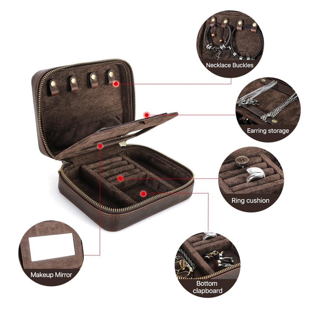 Contacts Genuine Leather Jewelry Box for Men Travel Jewelry Organizer Zipper Jewelry Cufflinks Ring Necklace Bracelet Storage Case with Mirror, Rectangular+mirror, Coffee