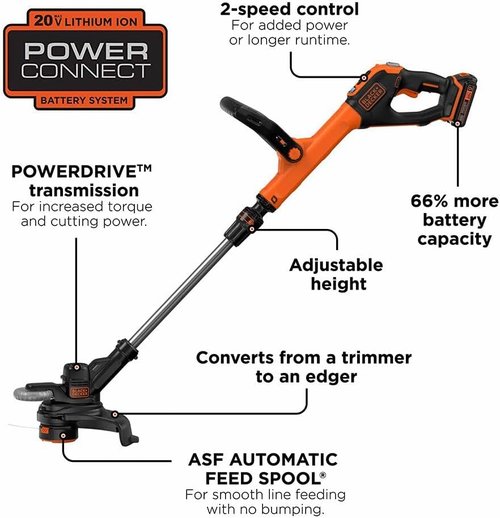 BLACK+DECKER 20V MAX Cordless String Trimmer & Wheeled Edger - Lightweight, 2-Speed, 12 Inch, Battery Included