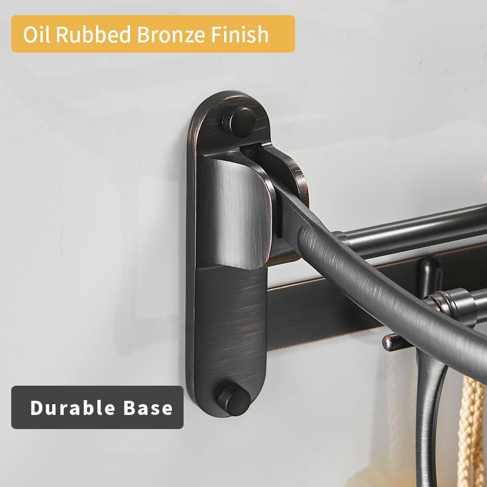 BESy 24 Inch Brushed Nickel Towel Racks, Bathroom Towel Shelf with Foldable Towel Bar Holder and Towel Hooks, Wall Mounted Multifunctional Bathroom Accessories, Double Towel Bars