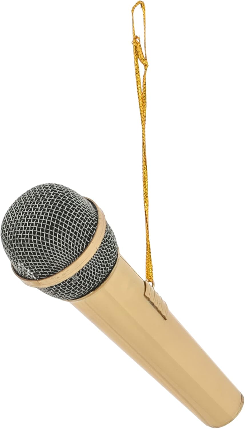 Gold Tone Microphone Ornament - 3" Brass Hanging Decor for Musicians & Singers