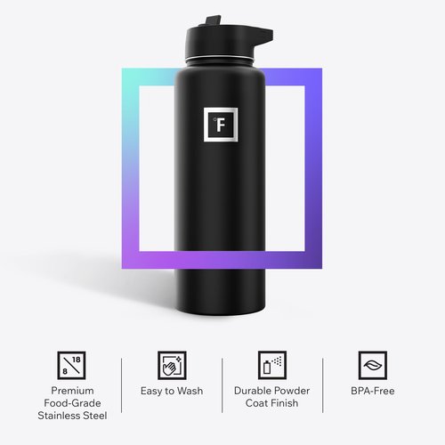 IRON °FLASK Camping & Hiking Hydration Flask with Straw, Wide Mouth Insulated Stainless Steel Sports Water Bottle - 40 oz Blue Waves