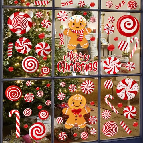 AUGSUN 9 Sheets Christmas Window Clings, Candy Cane Decorations Indoor, Xmas Red Peppermint Wall Stickers Decal for Home Party Decor Supplies
