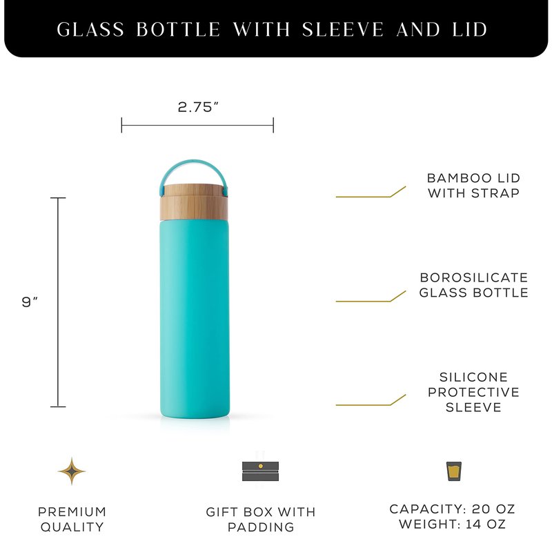JoyJolt 20oz Borosilicate Glass Water Bottle with Strap, Silicone Sleeve and Lid (Turquoise). Reusable, Dishwasher Safe, Wide Mouth, Heat Resistant, Modern Eco-friendly Hydration