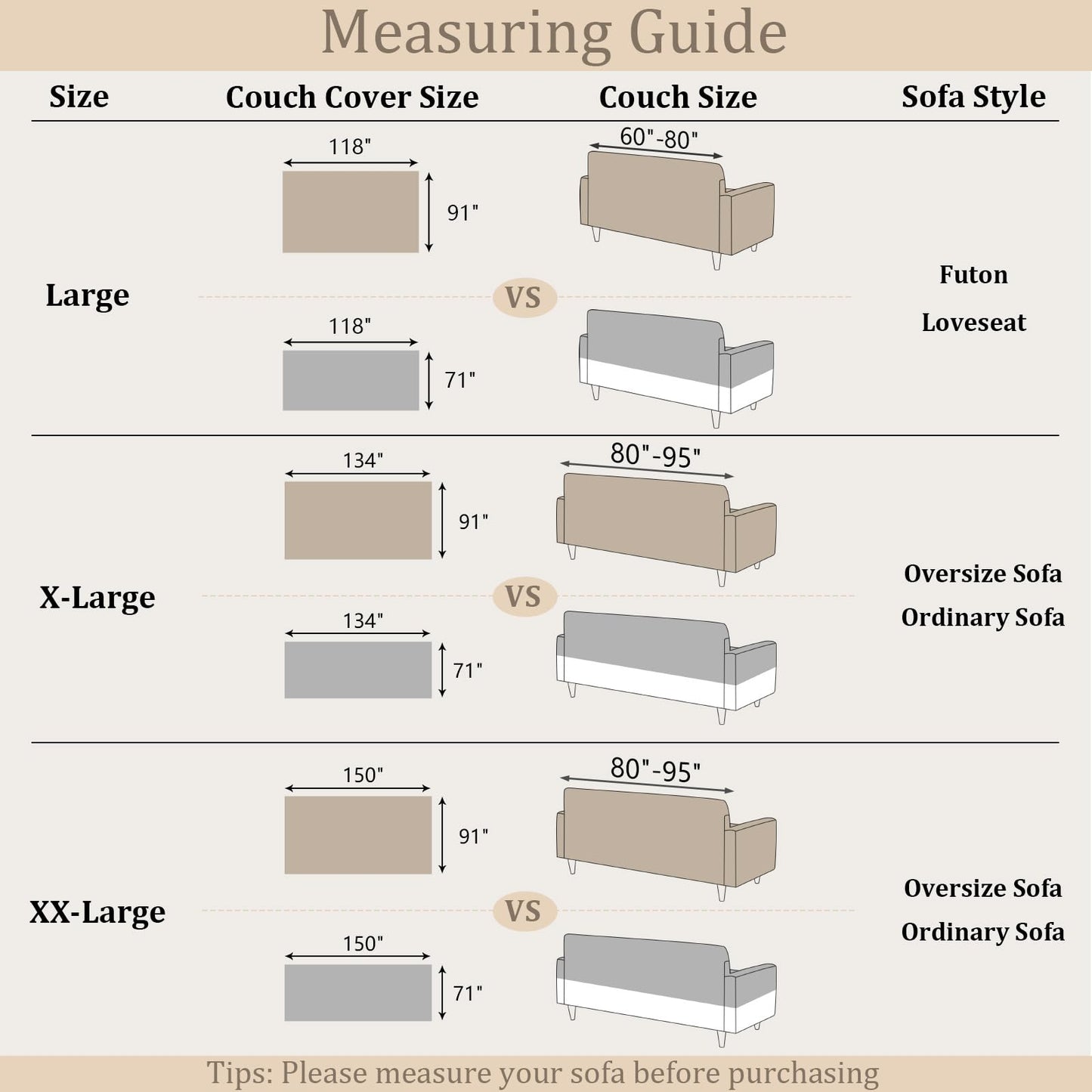 Foreate Extra Wide 91"x134" Chenille Sofa Cover Water Resistant Sofa Covers Washable Sectional Couch Covers for 2 3 Cushion, Tassel Edge Durable Couch Protector for Dogs (Khaki, 91"x134")