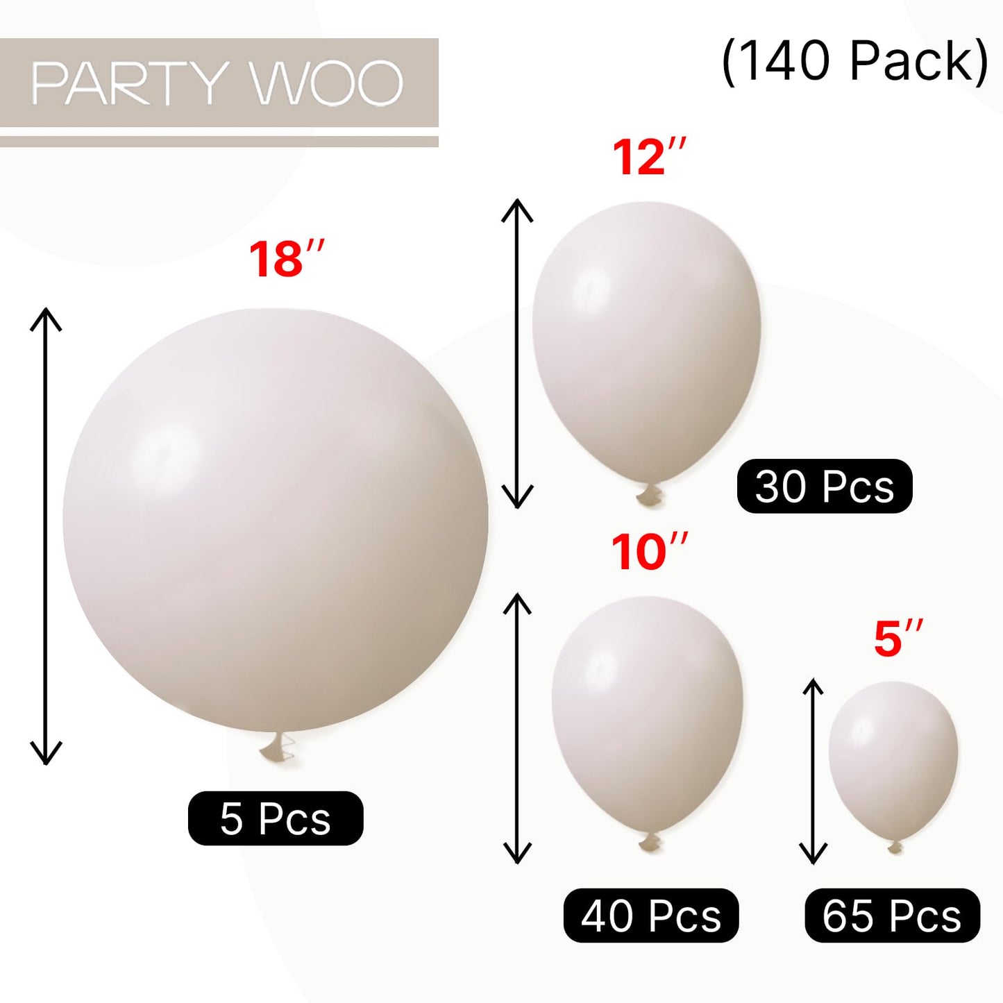 PartyWoo White Balloons 140 pcs Different Sizes of 18 12 10 5 Inch White Sand Balloons Arch Kit Garland for Wedding Baby Shower Birthday Bridal Shower Graduation Engagement Party Decorations White-F12