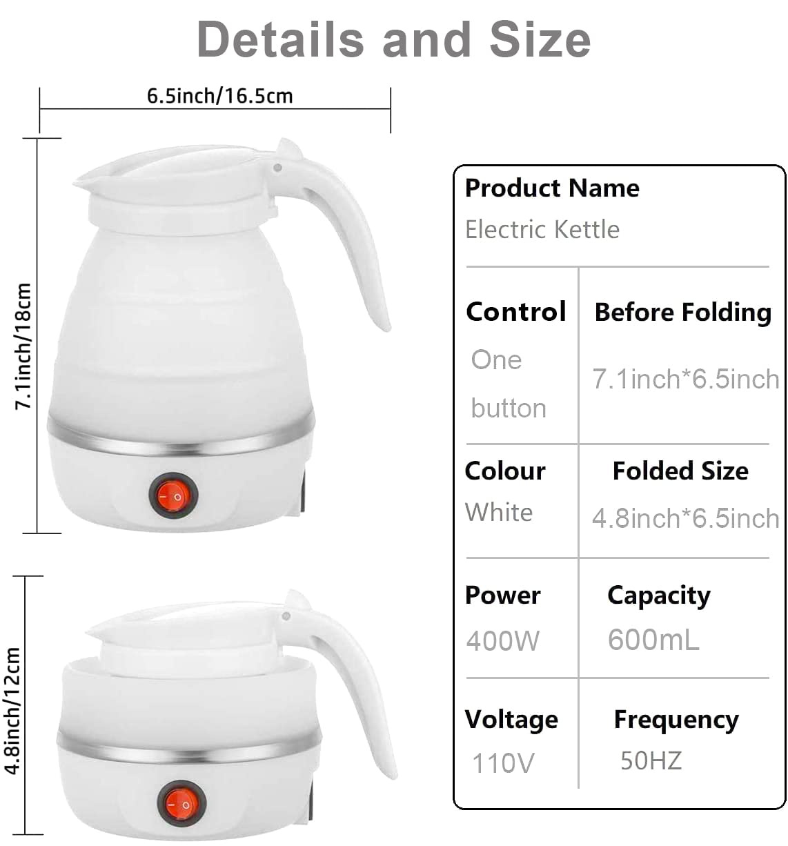 Foldable Electric Kettle, Upgraded Food Grade Silicone,400W 600ML Flash Heat Small Portable Travel Electric Kettle,110V US Plug (White)