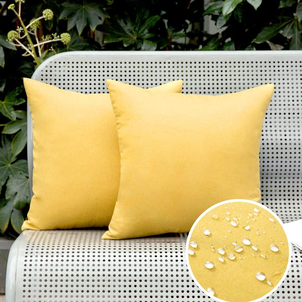 MIULEE Outdoor Decorative Throw Pillow Covers - Waterproof Faux Linen Cushion Cases | 18x18 Inch Yellow (Pack of 2)