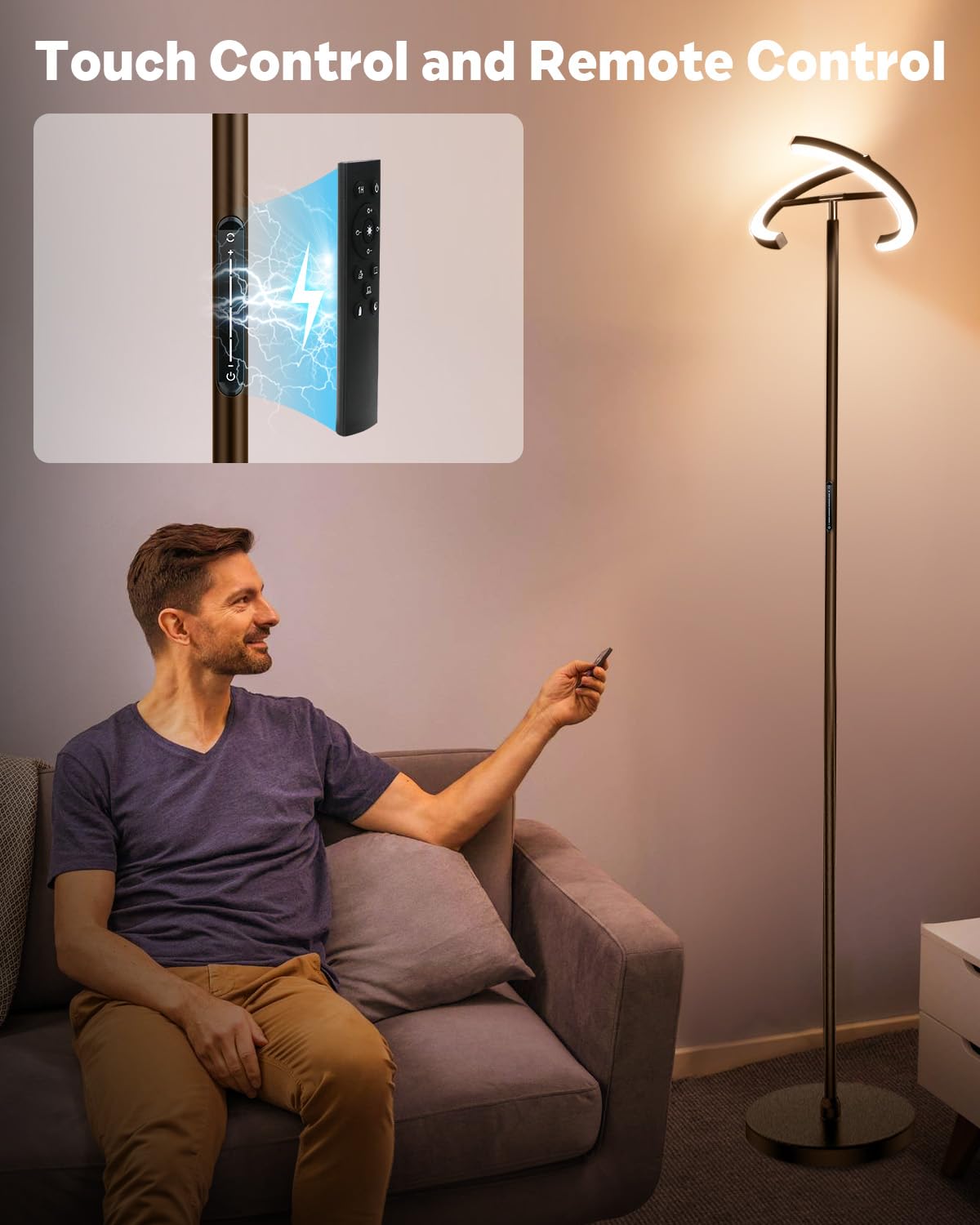 SIBRILLE Brown Floor Lamp, Modern Stepless Dimmable Standing Lamp with Remote Control, 22W 3000-6000K LED Rotatable Floor Light Uplighter Stand up Lamp Tall Lamp for Living Room Bedroom Office