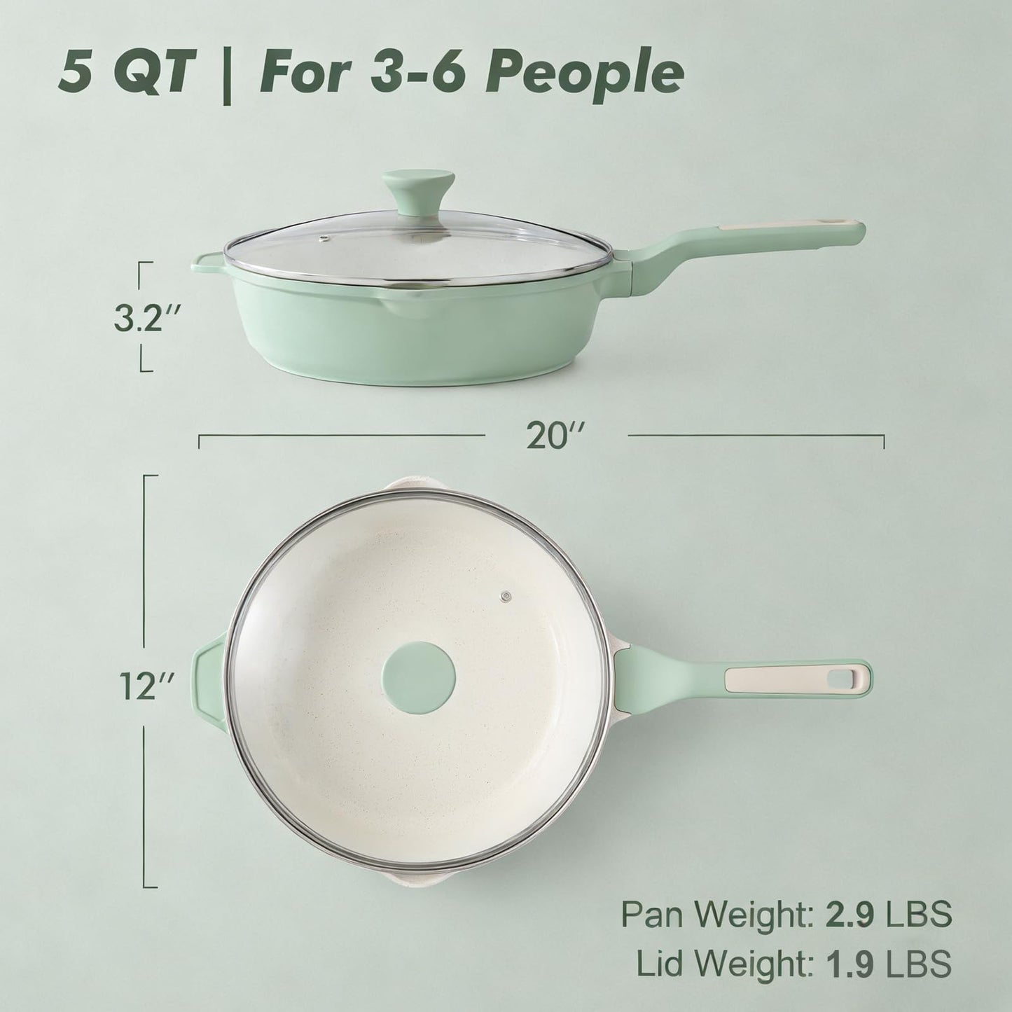 SENSARTE Nonstick Ceramic Skillet with Lid 12-inch/5QT, Non Toxic Deep Frying Pan, Saute Pan with Lid, Stay-cool Handle, Healthy Cooking Pot Dishwasher Safe, Induction Compatible, Green