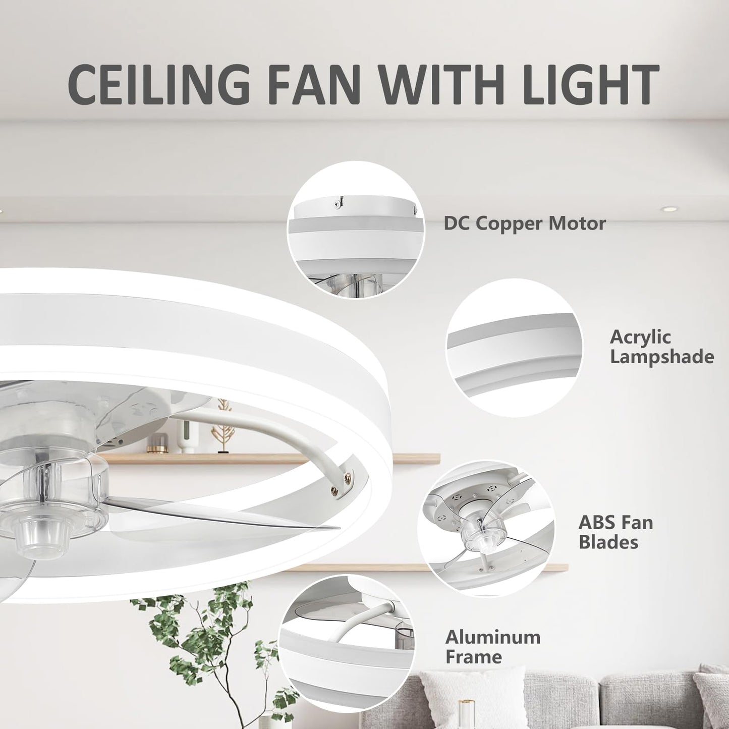 SAMPHON Low Profile Ceiling Fans with Lights and Remote, 15.7'' Led Flush Mount Ceiling Fan, Stepless Dimmable Bladeless Small Ceiling Fans with Lights for Bedroom, Living Room and Kitchen - White