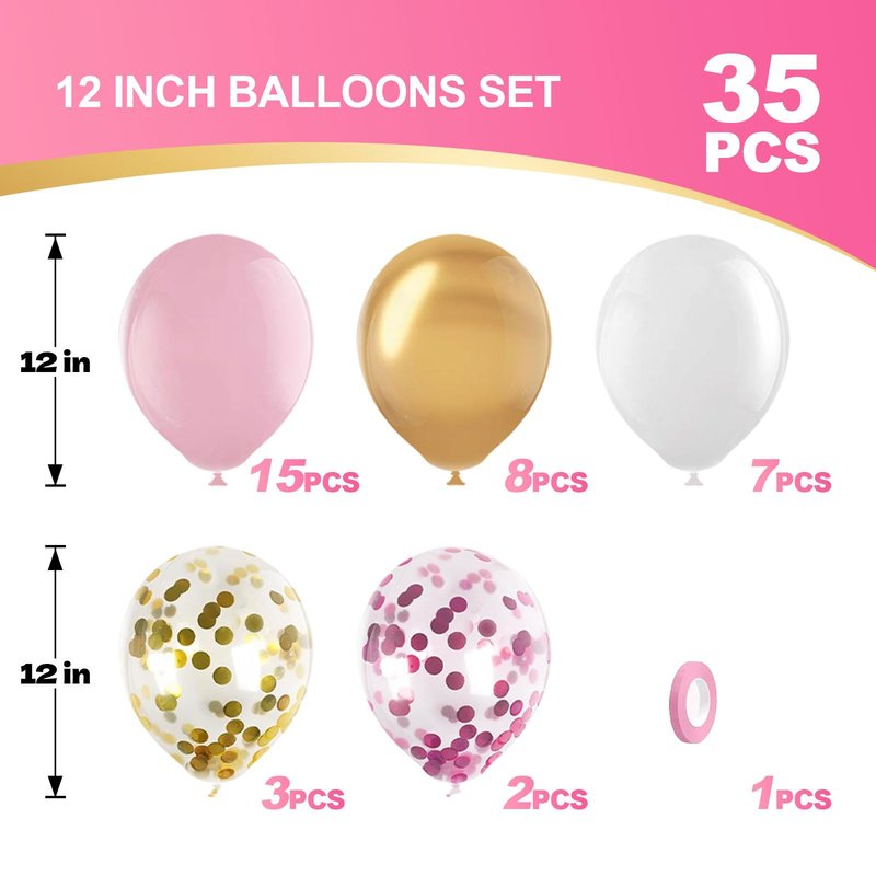 Pink Gold Confetti Latex Balloons Kit 35 pcs 12 inch Pink and White Balloon with Metallic Gold Confetti Balloons for Birthday Baby Shower Wedding Girl Birthday Party Decoration