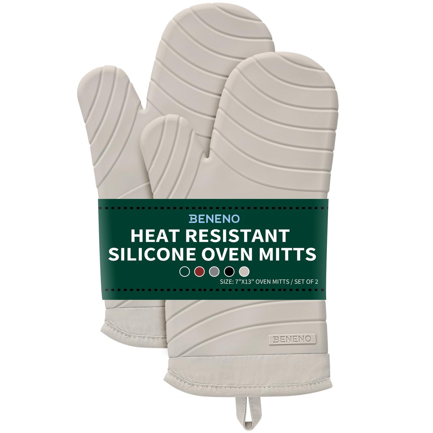 Beneno BPA-Free Silicone Oven Mitt 2-Pack Set, Heat Resistant 500°F Oven Mitts with Non-Slip Grip, Soft Thicker Lining, 7"x13", Beige