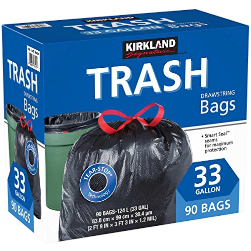 Kirkland Signature 33 Gallon Black Drawstring Trash Bags - 90 Count, Heavy Duty, Tear-Stop Technology, Recyclable, Pack of 1