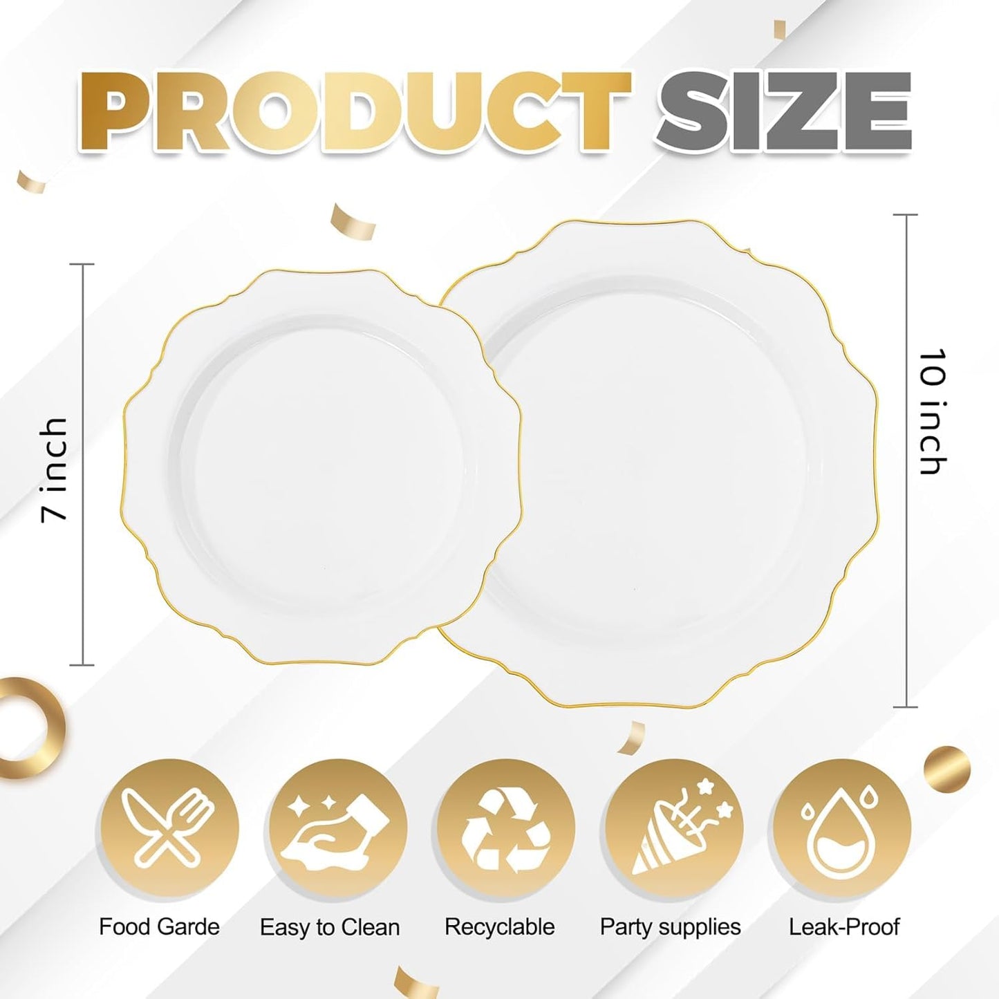 WDF 200PCS White and Gold Plastic Plates - Gold Plastic Plates - Include 100 Dinner & 100 Dessert Disposable Party Plate - Fancy Disposable Plate for Wedding/Baby Shower/Spring
