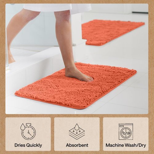GORILLA GRIP Bath Rug Mat - Thick Soft Absorbent Chenille | Quick Dry Microfiber, 44x26, Coral
