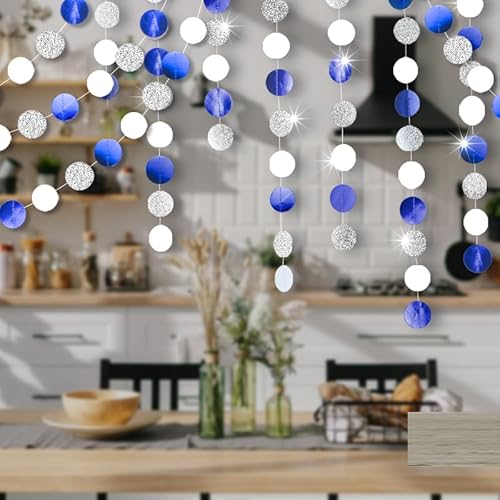 Shining Blue White Silver Circle Dots Hanging Garland Sparkling Blue White Silver Circle Dot Hanging Streamer Glitter Circle Bunting Banner Backdrop for Wedding Baby Shower Birthday Xmas Decor 40 Feet