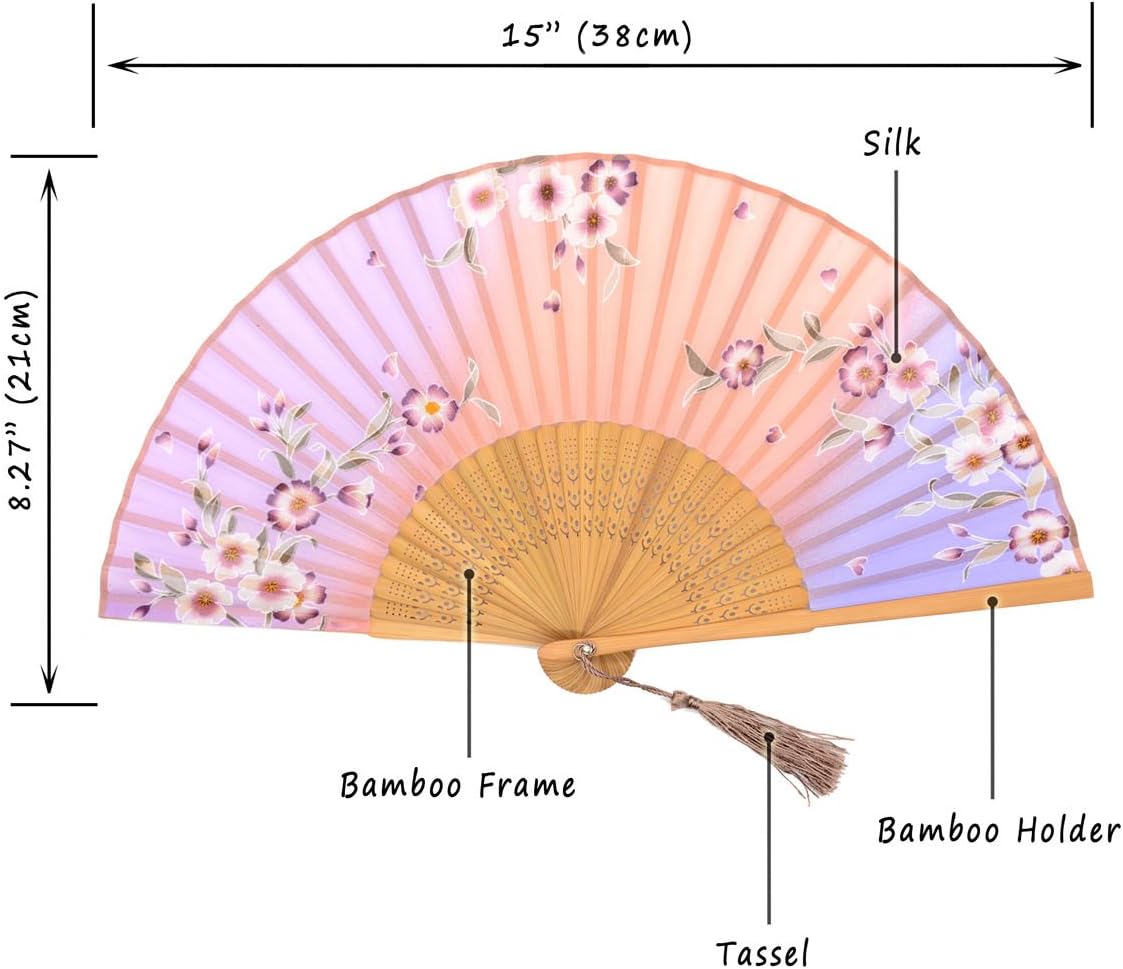 Handmade Silk Folding Fan with Bamboo Frame - Vintage Chinese/Japanese Style for Women & Girls - Gift-Ready with Protective Sleeve (WZS-33)