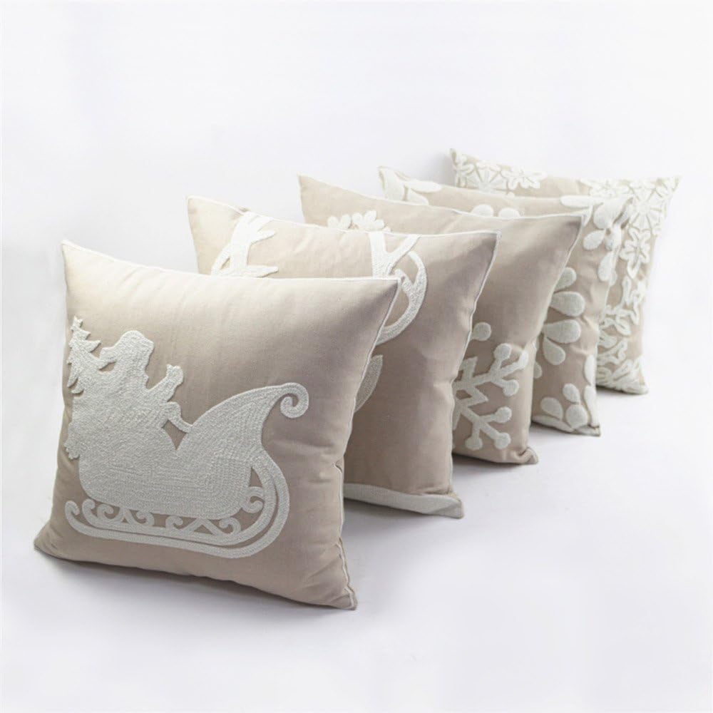 Christmas Pillow Cover 18x18 - Embroidered Sleigh & Snowflakes - Winter Decorative Cushion for Sofa & Bed