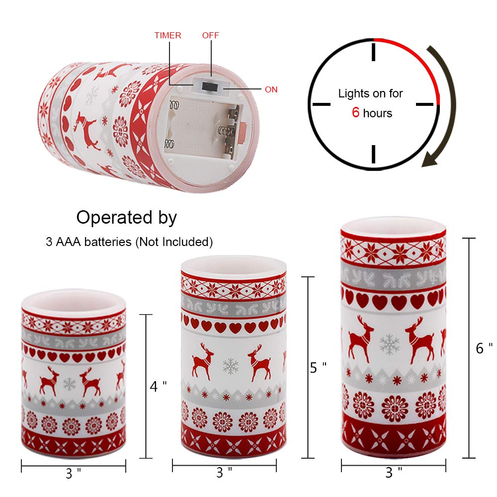 GenSwin Flameless Flickering Led Candles Battery Operated with 6 Hours Timer, Real Wax Pillar Candles Warm Light Love Deer Decal Decor Gift(Pack of 3)