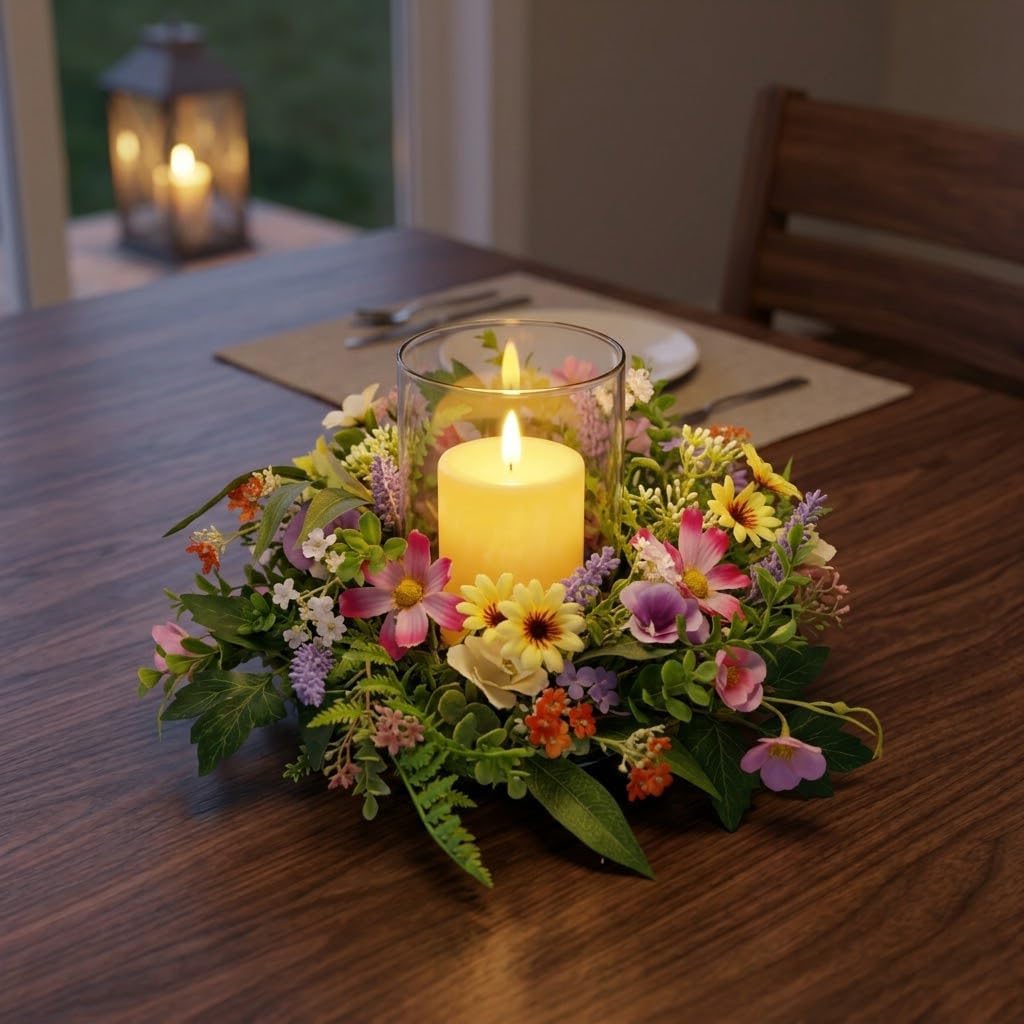Skiennix Floral Candle Holder - Glass Hurricane with Detachable Wreath | Spring Centerpiece for Dining Table