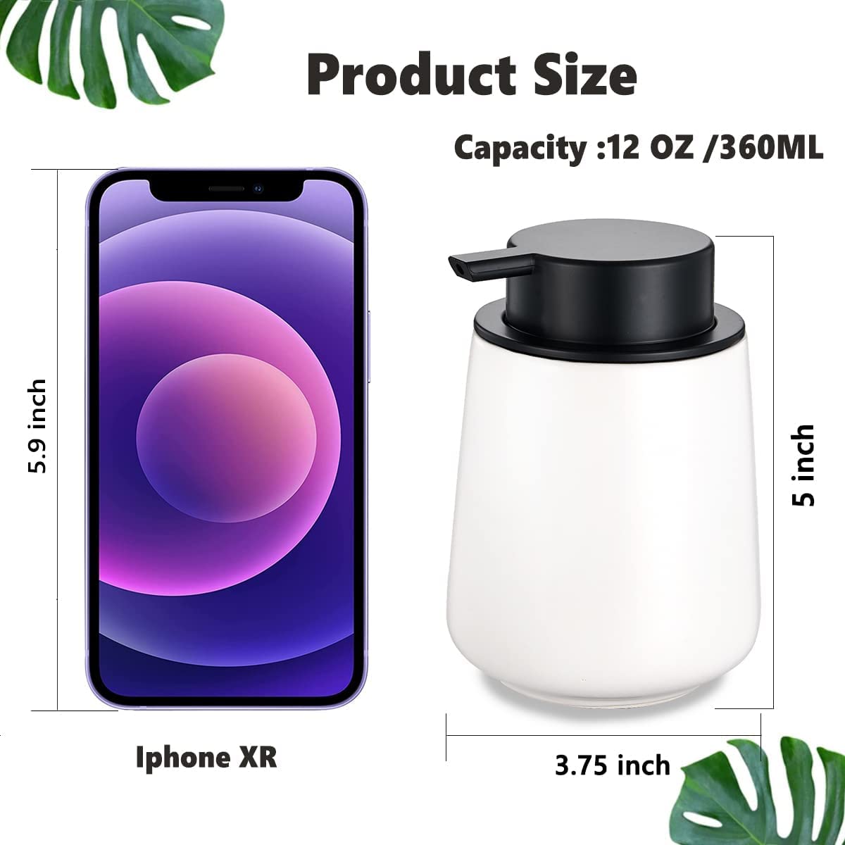 12Oz White Foam Soap Dispenser - Ceramic Foaming Hand Soap Dispenser Set with Easy-to-Press Pump, Refillable Liquid Dish Soap Dispenser for Bathroom and Kitchen, 2 Pack