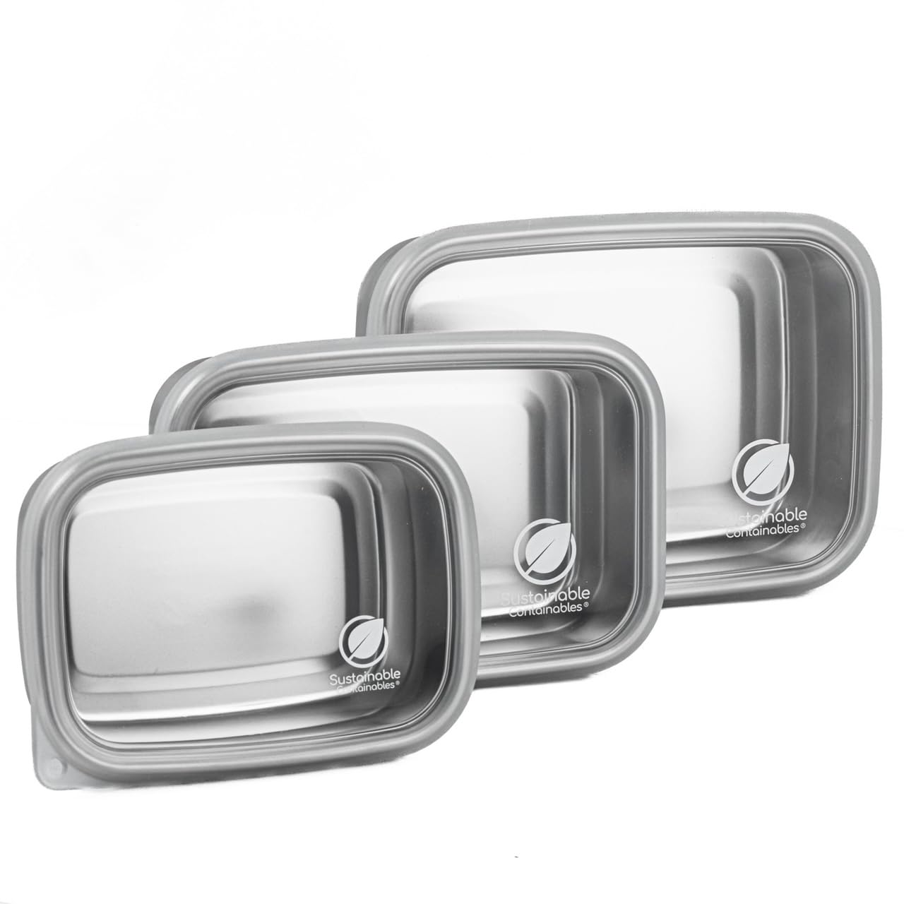 Sustainable Containables Stainless Steel Food Storage Containers with Clear Platinum Silicone Lids, Airtight, Leakproof 18/8 (304) Food Grade SS Nested 3Pk 20/30/40 oz Plastic-Free
