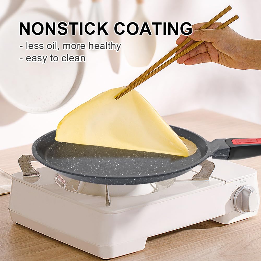 RANX INGST Non Stick Crepe Pan with Detachable Handle, 10 Inch Cast Aluminium Dosa Tawa Tortilla Pan, Pancake Pan Induction Compatible - Black
