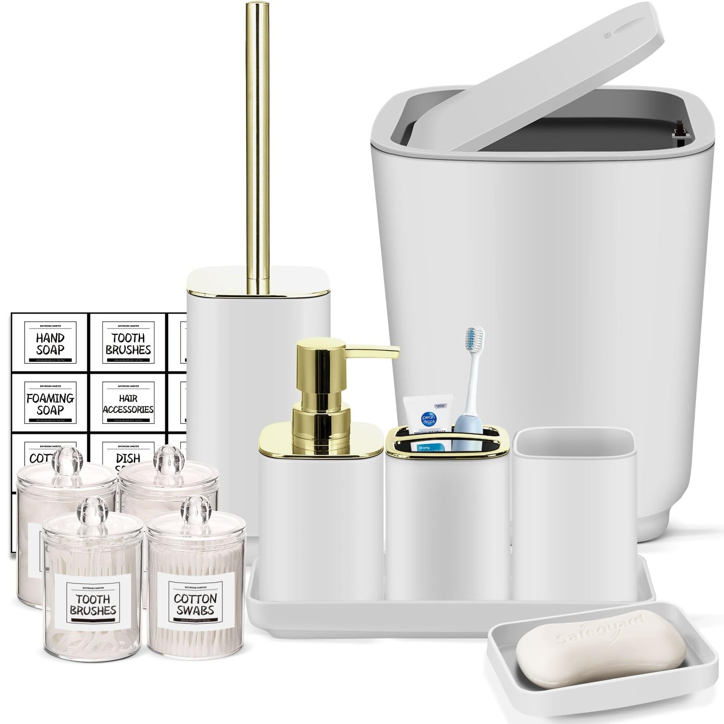 IMAVO White Bathroom Accessories Set,11Piece Bathroom Accessory Gift Set,Tray,Trash Can,Toothbrush Holder,Toothbrush Cup,Soap Dispenser,Soap Dish,Toilet Brush and Qtip Holders