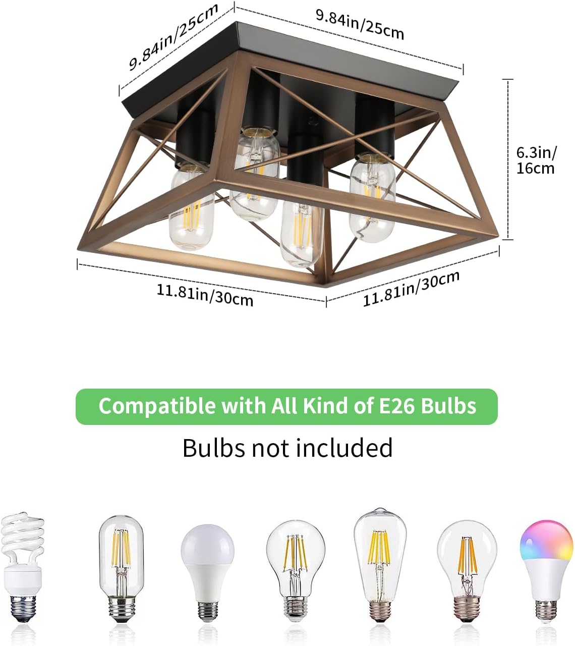 Farmhouse Flush Mount Ceiling Light Oak White Ceiling Light Fixtures 2-Light Industrial Vintage Metal-Framed Ceiling Lighting for Hallway Foyer Kitchen Dining Room Bedroom Living Room Laundry
