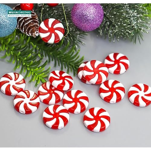 50pcs Peppermint Christmas Ornaments Christmas Candy Cane Fake Peppermints Plastic Peppermint Candy for Crafts Christmas Tree Peppermint Ornaments for Peppermint Decor Peppermint Candy Decorations